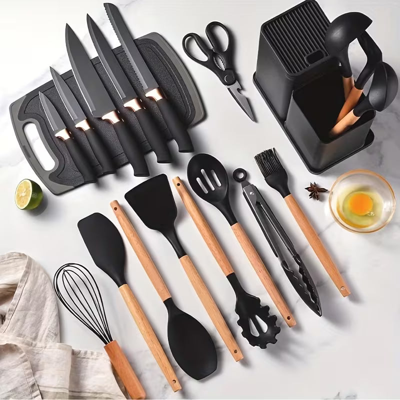 Complete 18-Piece Silicone & Acacia Utensil Set with Professional Chef Knives