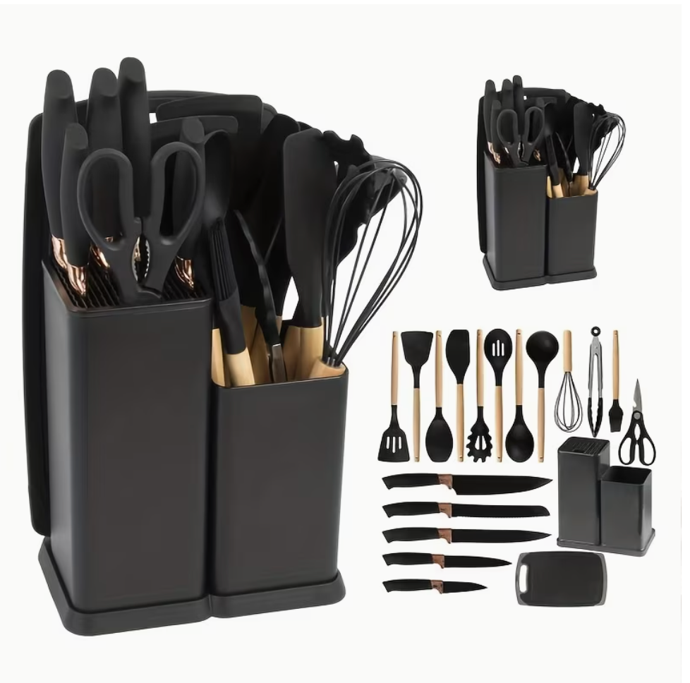 Complete 18-Piece Silicone & Acacia Utensil Set with Professional Chef Knives